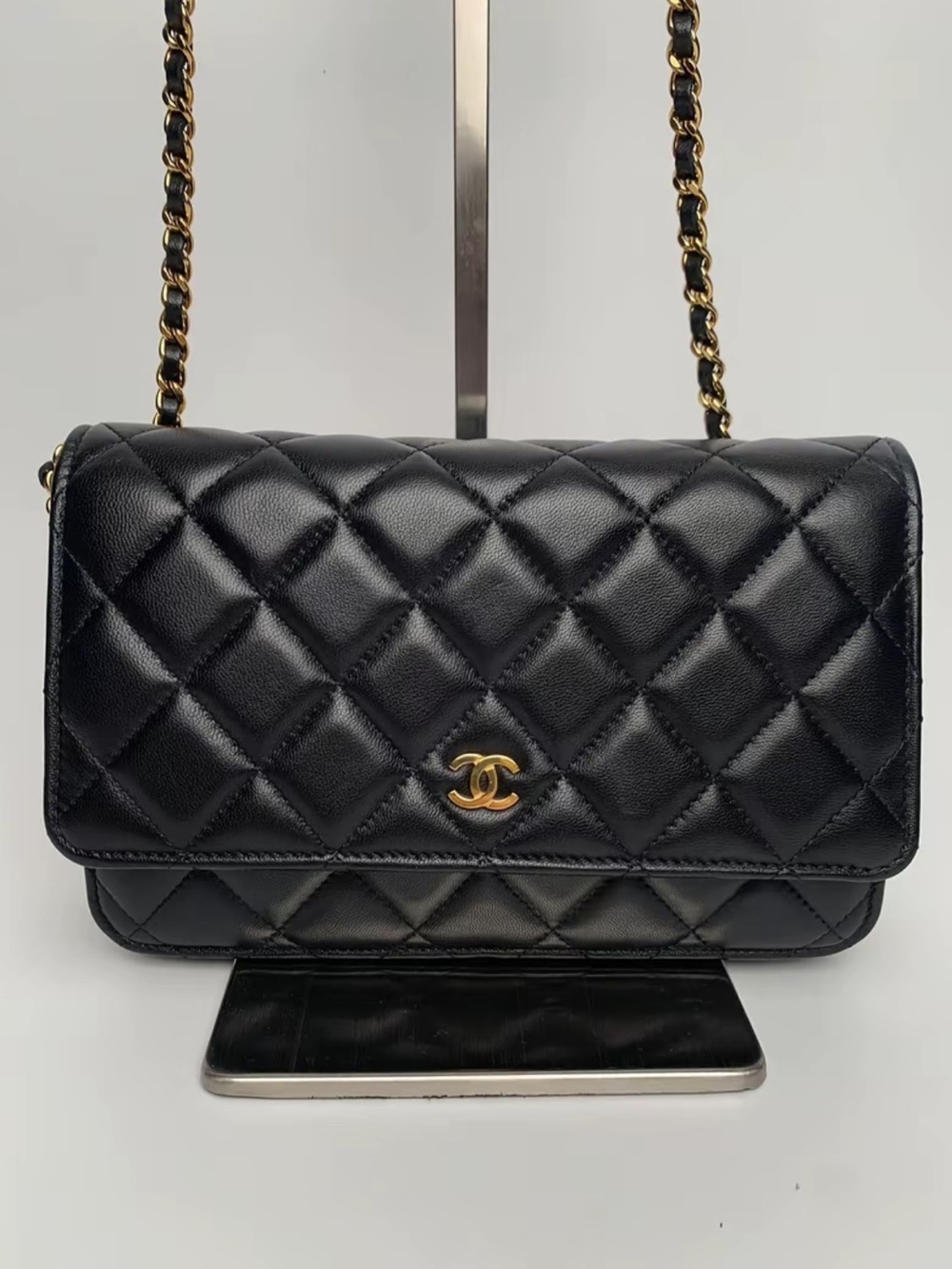 CHANEL Black Quilted Leather Wallet-on-Chain with Gold Hardware